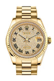 Rolex Datejust 31 Diamond Paved Dial Fluted Bezel 18K Yellow Gold President Ladies Watch 178278