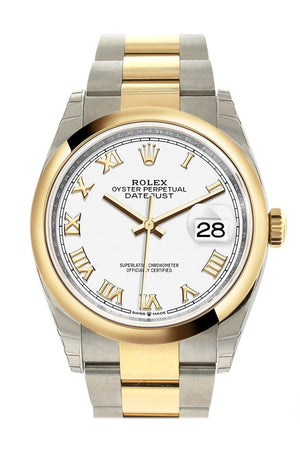 Rolex Datejust 36 White Roman Dial Dome Bezel Oyster Yellow Gold Two Tone Watch 126203