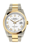 Rolex Datejust 36 White Roman Dial Dome Bezel Oyster Yellow Gold Two Tone Watch 126203 NP