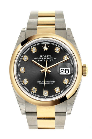 Rolex Datejust 36 Black Set With Diamonds Dial Dome Bezel Oyster Yellow Gold Two Tone Watch 126203