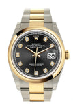 Rolex Datejust 36 Black Set With Diamonds Dial Dome Bezel Oyster Yellow Gold Two Tone Watch 126203