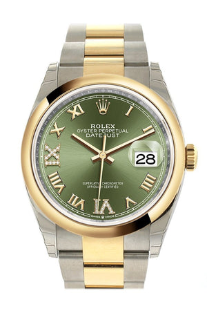 Rolex Datejust 36 Olive Green Set With Diamonds Dial Dome Bezel Oyster Yellow Gold Two Tone Watch