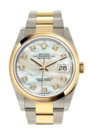 Rolex Datejust 36 White Mother-Of-Pearl Diamonds Dial Dome Bezel Oyster Yellow Gold Two Tone Watch