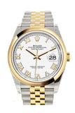 Rolex Datejust 36 White Roman Dial Dome Bezel Jubileeyewllow Gold Two Tone Watch 126203