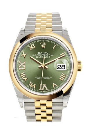 Rolex Datejust 36 Olive Green Set With Diamonds Dial Dome Bezel Jubilee Yellow Gold Two Tone Watch