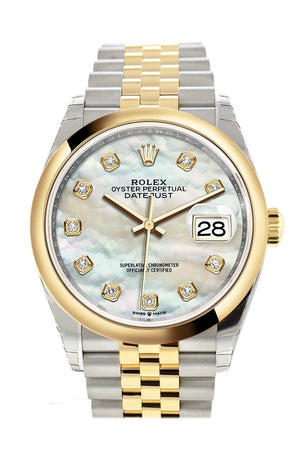 Rolex Datejust 36 White Mother-Of-Pearl Set With Diamonds Dial Dome Bezel Jubilee Yellow Gold Two