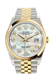 Rolex Datejust 36 White mother-of-pearl set with diamonds Dial Dome Bezel Jubilee Yellow Gold Two Tone Watch 126203 NP