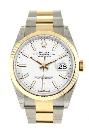 Rolex Datejust 36 White Dial Fluted Bezel Oyster Yellow Gold Two Tone Watch 126233