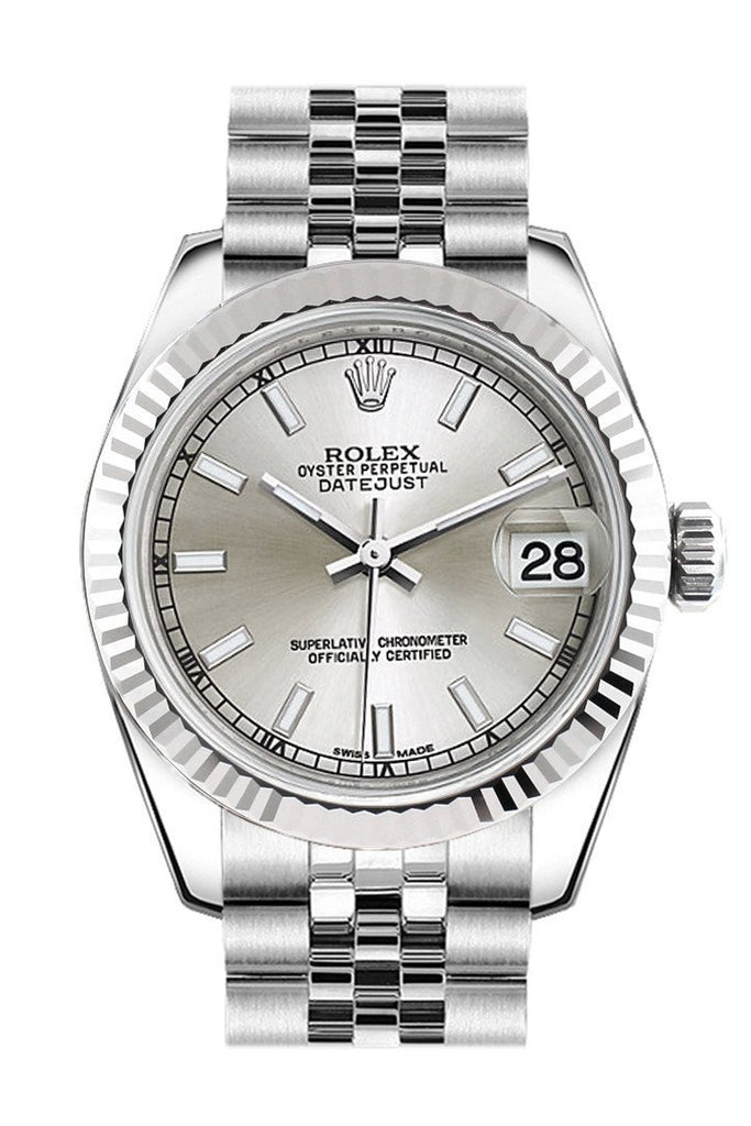 Rolex Datejust 31 Silver Dial White Gold Fluted Bezel Jubilee Ladies Watch 178274 / None
