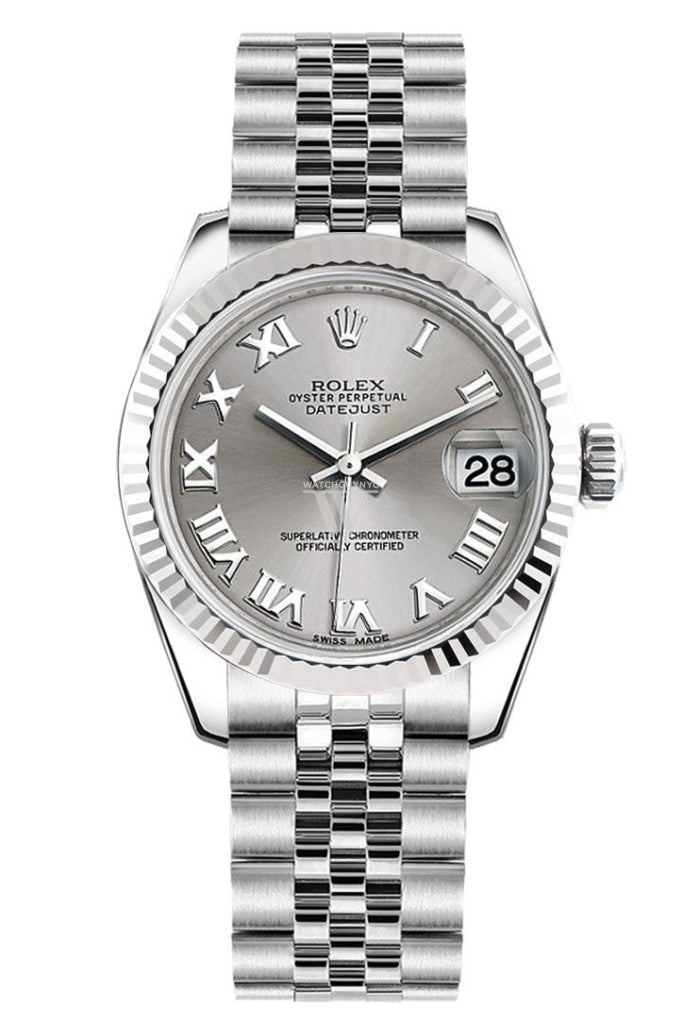 Rolex Datejust 31 Silver Roman Dial White Gold Fluted Bezel Jubilee Ladies Watch 178274