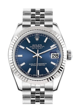 Rolex Datejust 31 Blue Dial White Gold Fluted Bezel Jubilee Ladies Watch 178274 / None