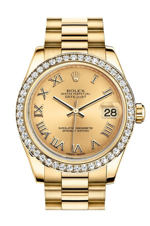 Rolex Datejust 31 Champagne Roman Dial Diamond Bezel 18K Yellow Gold President Ladies Watch 178288 /