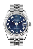 Rolex Datejust 31 Blue Roman Dial White Gold Fluted Bezel Jubilee Ladies Watch 178274