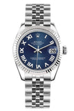 Rolex Datejust 31 Blue Roman Dial White Gold Fluted Bezel Jubilee Ladies Watch 178274