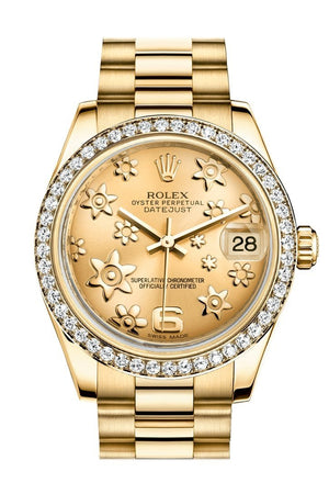 Rolex Datejust 31 Champagne Floral Motif Dial Diamond Bezel 18K Yellow Gold President Ladies Watch