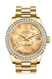 Rolex Datejust 31 Champagne Floral Motif Dial Diamond Bezel 18K Yellow Gold President Ladies Watch 178288