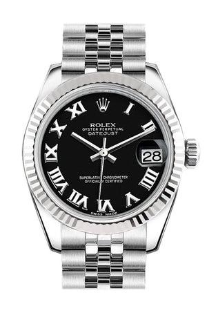 Rolex Datejust 31 Black Roman Dial White Gold Fluted Bezel Jubilee Ladies Watch 178274 / None