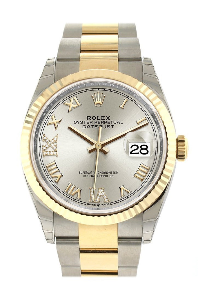 Rolex Datejust 36 Silver Set With Diamonds Dial Fluted Bezel Oyster Yellow Gold Two Tone Watch