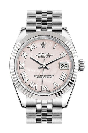 Rolex Datejust 31 Pink Mother Of Pearl Roman Dial White Gold Fluted Bezel Jubilee Ladies Watch