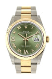 Rolex Datejust 36 Olive Green Set With Diamonds Dial Fluted Bezel Oyster Yellow Gold Two Tone Watch