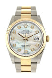 Rolex Datejust 36 White Mother-Of-Pearl Diamonds Dial Fluted Bezel Oyster Yellow Gold Two Tone Watch