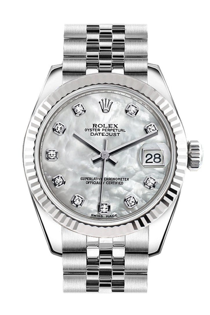 Rolex Datejust 31 White Mother Of Pearl Set Diamonds Dial Gold Fluted Bezel Jubilee Ladies Watch