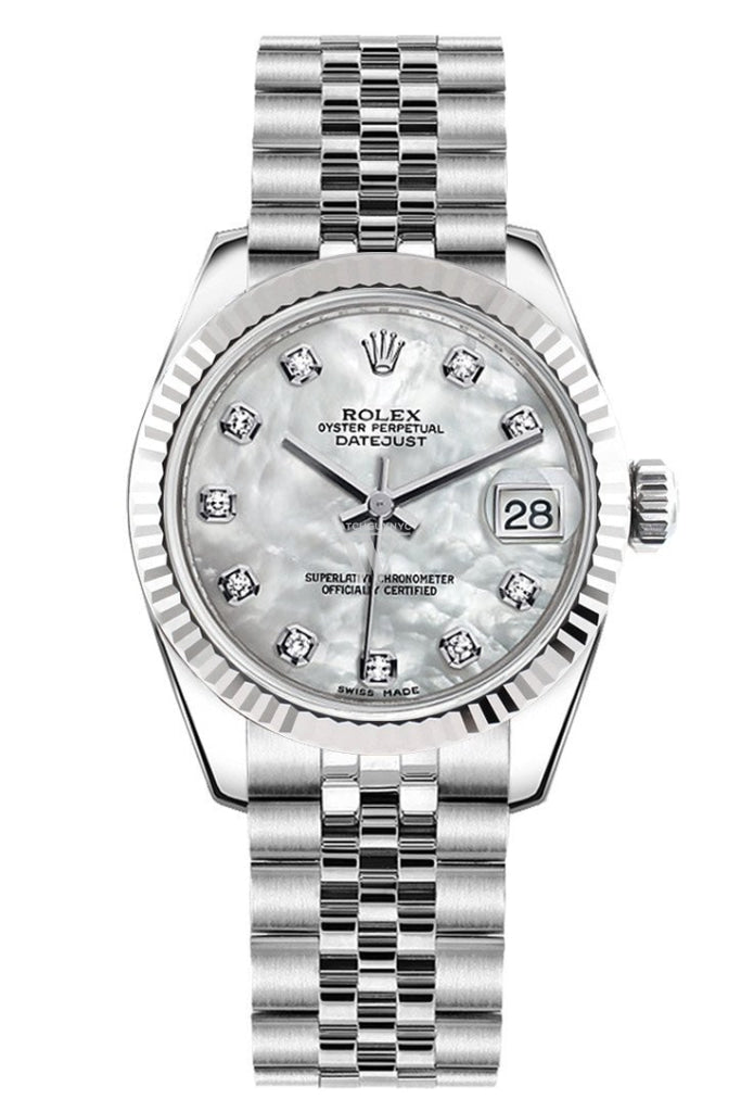 Rolex Datejust 31 White Mother Of Pearl Set Diamonds Dial Gold Fluted Bezel Jubilee Ladies Watch