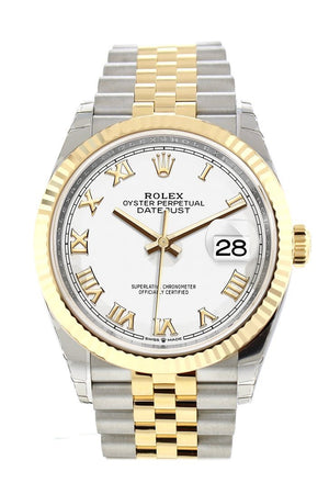 Rolex Datejust 36 White Roman Dial Fluted Bezel Jubilee Yellow Gold Two Tone Watch 126233