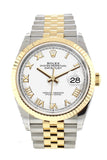 Rolex Datejust 36 White Roman Dial Fluted Bezel Jubilee Yellow Gold Two Tone Watch 126233