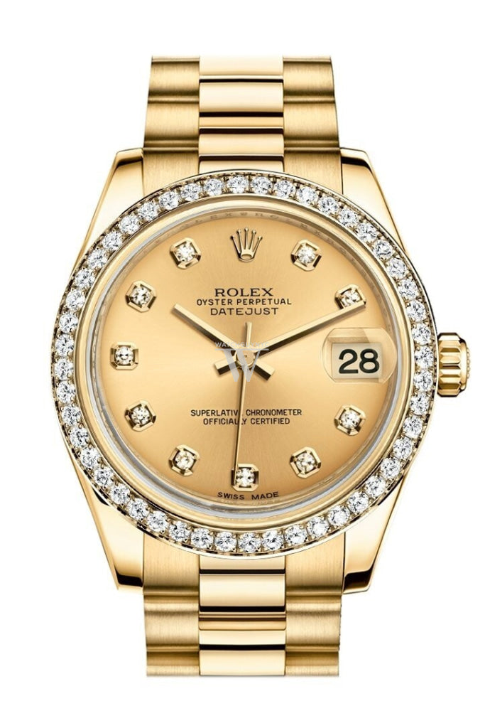 Rolex Datejust 31 Champagne Dial Diamond Bezel 18k Gold Watch