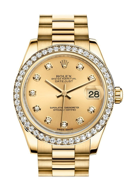 Rolex Datejust 31 Champagne Dial Diamond Bezel 18k Gold Watch