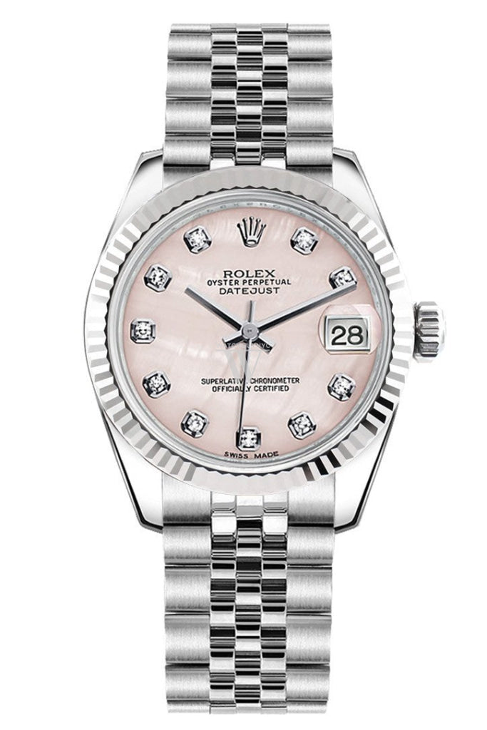Rolex 178344 Datejust 31 Pink Mother of Pearl Diamond Dial Fluted Bezel Jubilee WatchGuyNYC