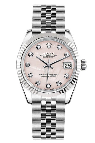 Rolex Datejust 31 Pink Mother Of Pearl Set Diamonds Dial White Gold Fluted Bezel Jubilee Ladies
