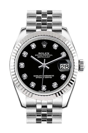 Rolex Datejust 31 Black Set Diamonds Dial White Gold Fluted Bezel Jubilee Ladies Watch 178274 / None