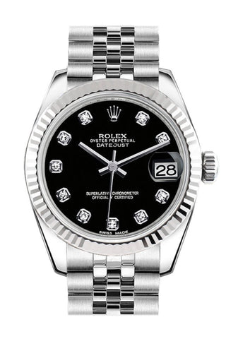 Rolex Datejust 31 Black Set Diamonds Dial White Gold Fluted Bezel Jubilee Ladies Watch 178274 / None