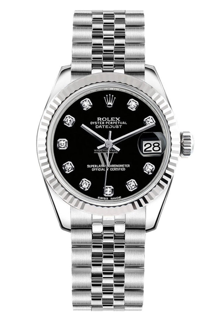 Rolex Datejust 31 Black Set Diamonds Dial White Gold Fluted Bezel Jubilee Ladies Watch 178274