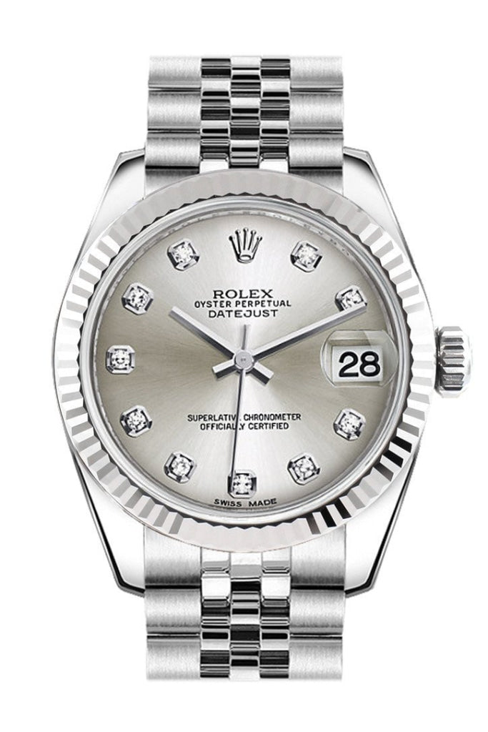 Rolex Datejust 31 Silver Set Diamonds Dial White Gold Fluted Bezel Jubilee Ladies Watch 178274 /