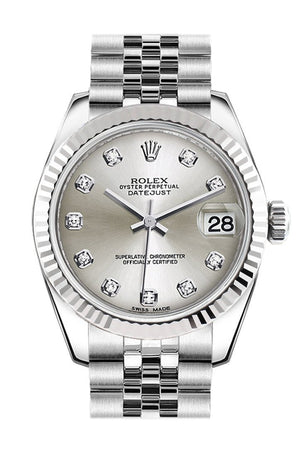 Rolex Datejust 31 Silver Set Diamonds Dial White Gold Fluted Bezel Jubilee Ladies Watch 178274 /