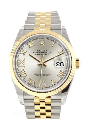 Rolex Datejust 36 Silver Set With Diamonds Dial Fluted Bezel Jubilee Yellow Gold Two Tone Watch