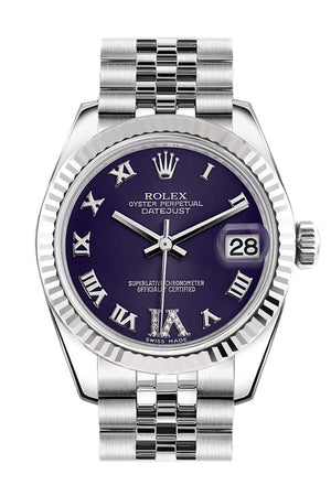 Rolex Datejust 31 Purple Roman Large Vi Diamond Dial White Gold Fluted Bezel Jubilee Ladies Watch