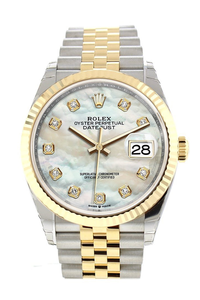 Rolex Datejust 36 White Mother-Of-Pearl Set With Diamonds Dial Fluted Bezel Jubilee Yellow Gold Two