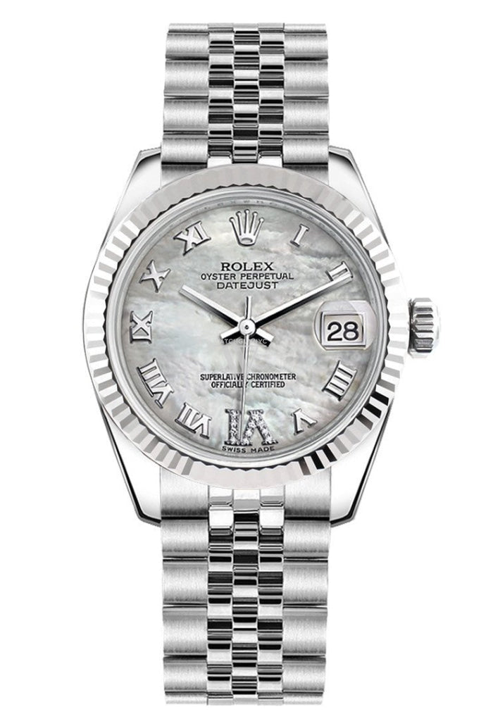 Rolex Datejust 31 White Mother Of Pearl Roman Large Vi Diamonds Dial Gold Fluted Bezel Jubilee