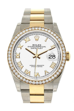 Rolex Datejust 36 White Roman Dial Diamond Bezel Oyster Yellow Gold Two Tone Watch 126283Rbr