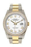 Rolex Datejust 36 White Roman Dial Diamond Bezel Oyster Yellow Gold Two Tone Watch 126283Rbr