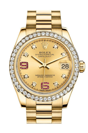 Rolex Datejust 31 Champagne Diamonds Rubies Dial Diamond Bezel 18K Yellow Gold President Ladies