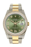 Rolex Datejust 36 Olive Green diamonds Dial Diamond Bezel Oyster Yellow Gold Two Tone Watch 126283RBR 126283 NP