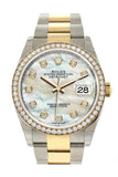 Rolex Datejust 36 White mother-of-pearl Diamonds Dial Diamond Bezel Oyster Yellow Gold Two Tone Watch 126283RBR 126283 NP