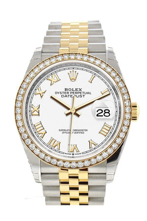 Rolex Datejust 36 White Roman Dial Diamond Bezel Jubilee Yellow Gold Two Tone Watch 126283Rbr