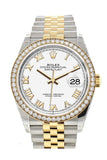 Rolex Datejust 36 White Roman Dial Diamond Bezel Jubilee Yellow Gold Two Tone Watch 126283RBR 126283 NP
