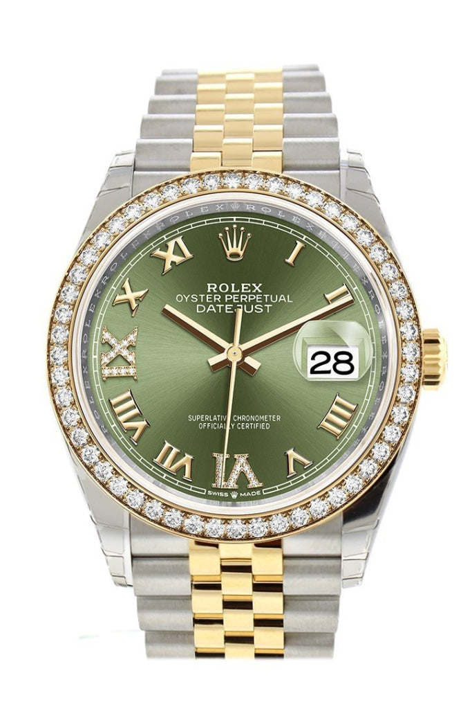 Rolex Datejust 36 Olive Green Set With Diamonds Dial Diamond Bezel Jubilee Yellow Gold Two Tone